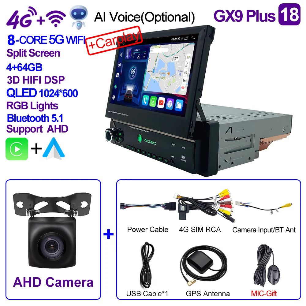 CAIXI Android 13 Auto 1Din Multimedia Player 7'' Universa Retractable Screen Car Radio MP5 GPS Navigation Carplay 1 DIN Stereo