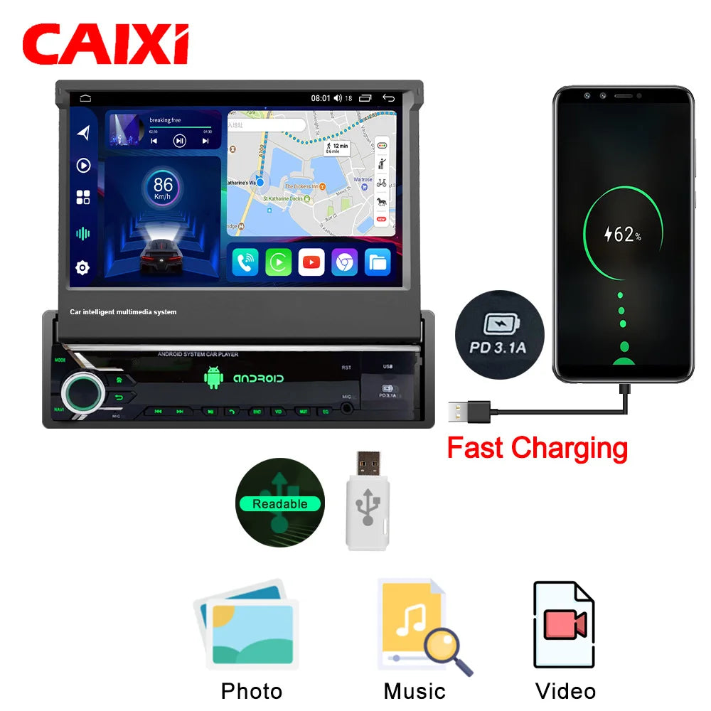CAIXI Android 13 Auto 1Din Multimedia Player 7'' Universa Retractable Screen Car Radio MP5 GPS Navigation Carplay 1 DIN Stereo