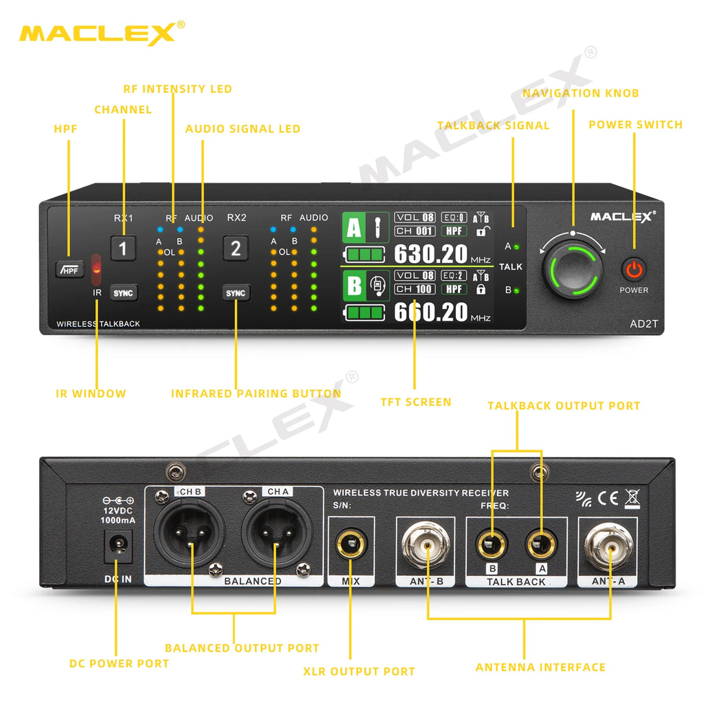 Maclex AD2T Talkback Function Professional Dual Handheld Wireless Microphone System True Diversity UHF TFT Color Display