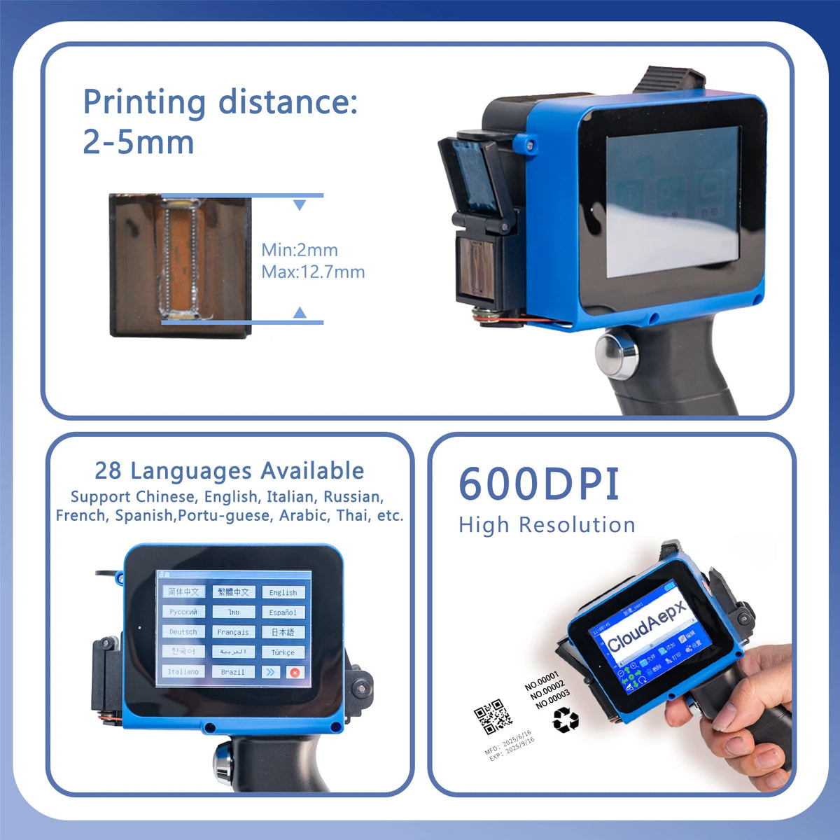MB-127 Portable Mini Handheld Inkjet Printer 12.7mm for QR Bar Batch Code Date Number Logo Expiry 28 Languages
