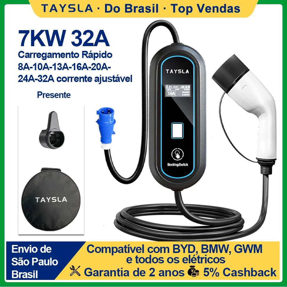 TAYSLA 7KW 32A Electric Car Charger Type 2 Portable EV Charger 80V-260V Charging Cable Wallbox for All Electric Vehicle BYD BMW