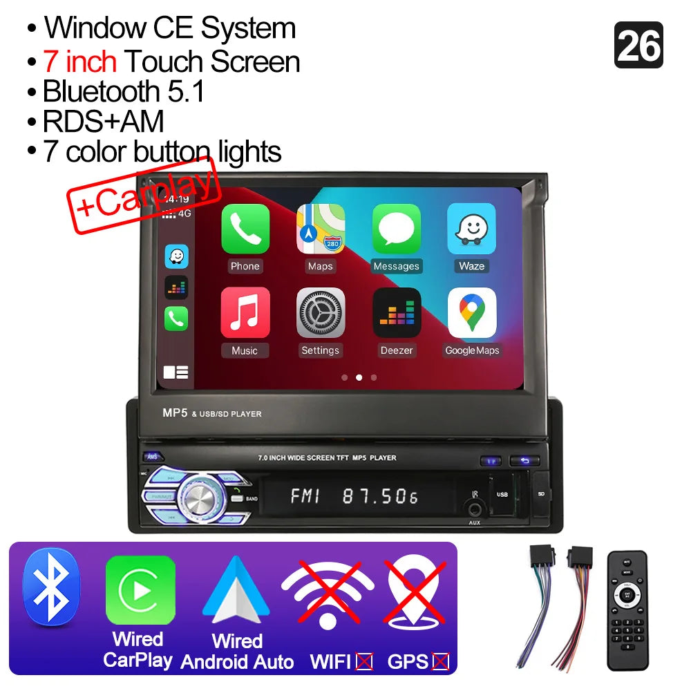 CAIXI Android 13 Auto 1Din Multimedia Player 7'' Universa Retractable Screen Car Radio MP5 GPS Navigation Carplay 1 DIN Stereo