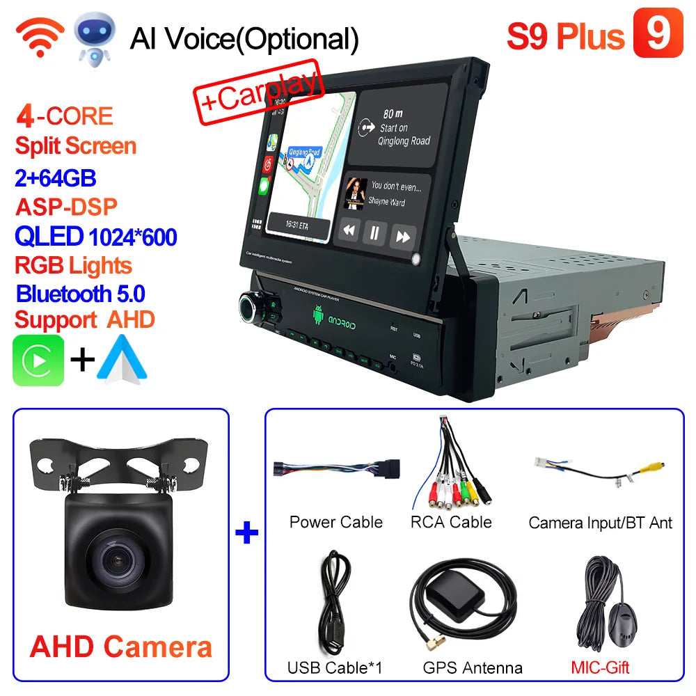 CAIXI Android 13 Auto 1Din Multimedia Player 7'' Universa Retractable Screen Car Radio MP5 GPS Navigation Carplay 1 DIN Stereo