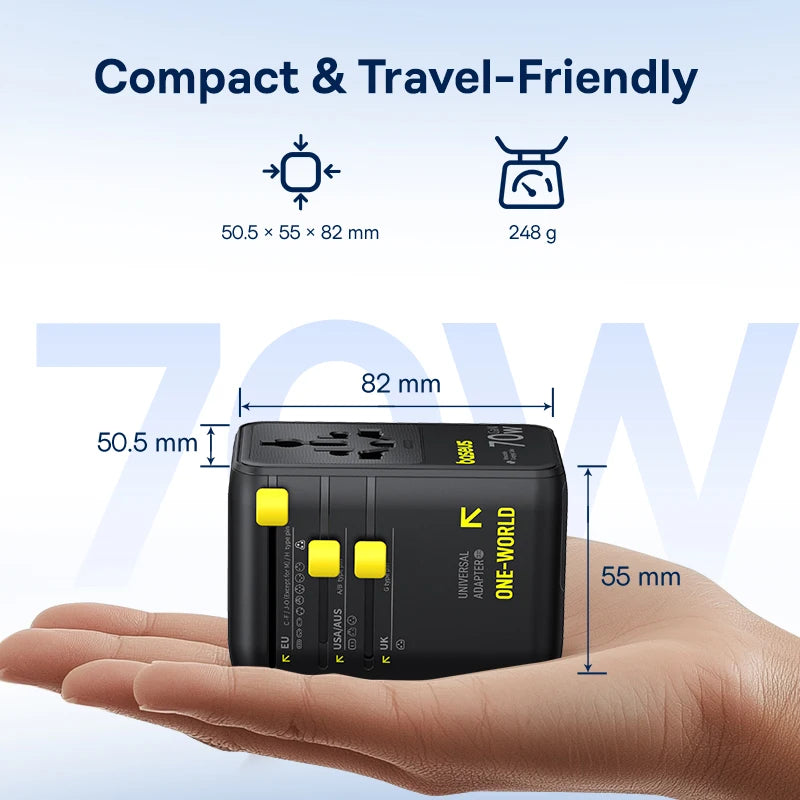 Baseus GaN Charger Universal Travel Adapter Built in 70W Retractable Cable 2AC 2 USB-A Type-C Fast Charging EU/UK/USA/AUS