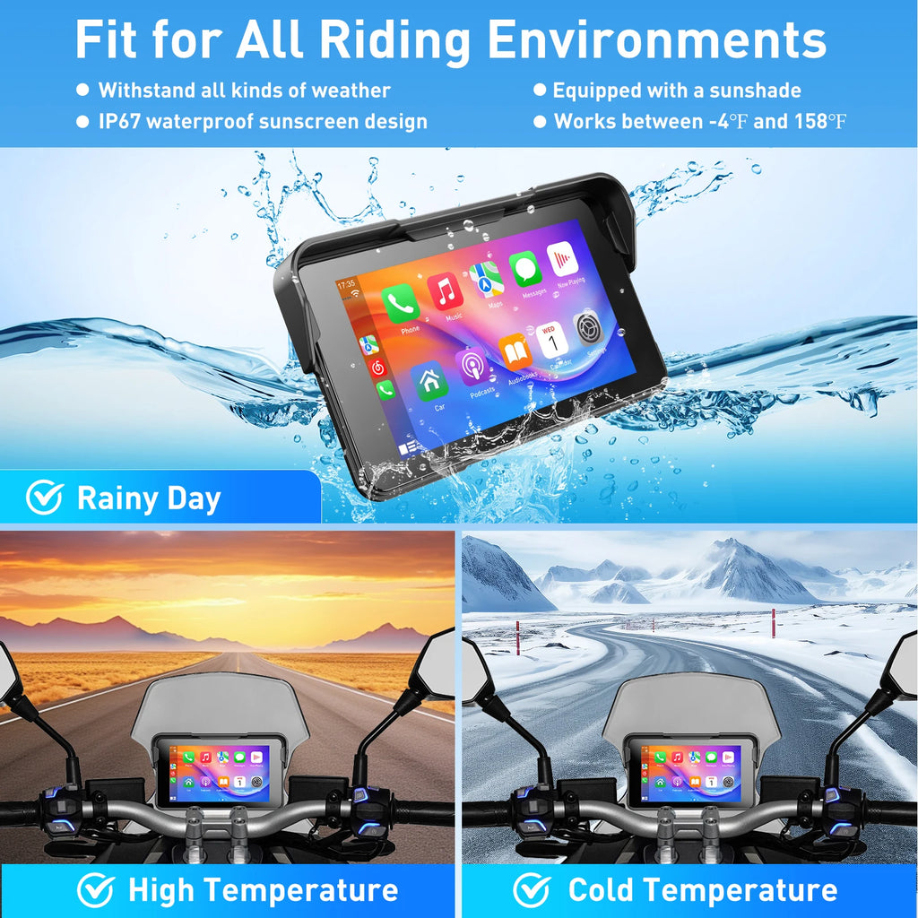 ESSGOO 5 inch Wireless Carplay Motorcycle DVR Navigation GPS Android Auto IPX Display Screen Portable Moto Monitor