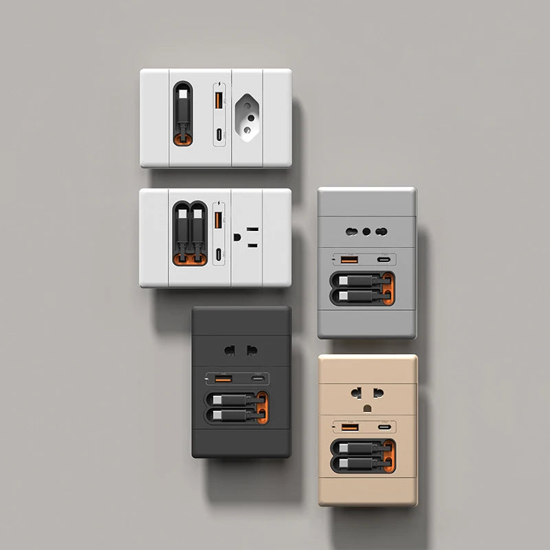 118 Type Brazil Socket Panel with Retractable Cable 20W USB Fast Charging Multi-hole Type-C Wall Socket for Market