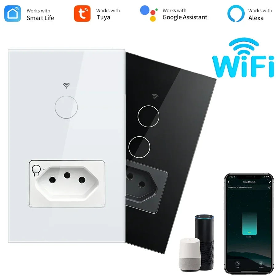 Brazil Socket Smart WiFi Touch Switch Tuya APP Remote Control Alexa Google Home Timer Schedule 1/2 Gang Wall Switch Panel