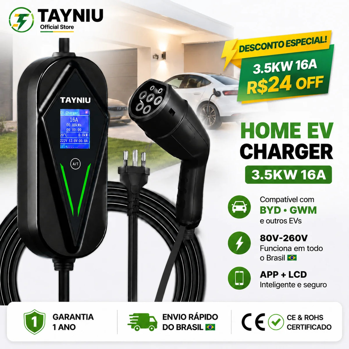 TAYNIU 3.5kW 16A Portable EV Charger – Bivolt 80V–260V, 5m Type 2 Cable, Compatible with BYD, GWM & All Electric Vehicles