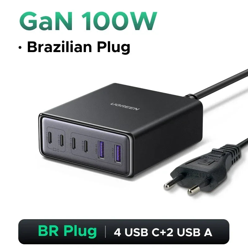 【Ship From Brazil】UGREEN 100W GaN Charger 6 in 1 Desktop Laptop Fast Charger For iPhone 18 17 16 Pro Max Macbook Tablet iPad