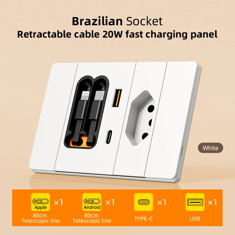 118 Type Brazil Socket Panel with Retractable Cable 20W USB Fast Charging Multi-hole Type-C Wall Socket for Market
