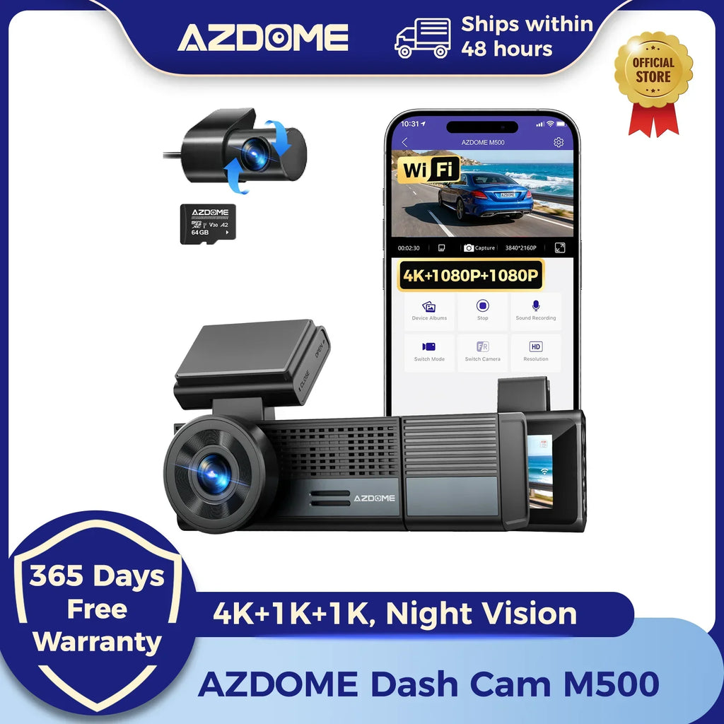 AZDOME M500 4K Dash Cam 3 Channel Car DVR Front Rear Inside 4K+1K+1K Night Vision G-Sensor 24H Parking Monitor Voice Contro