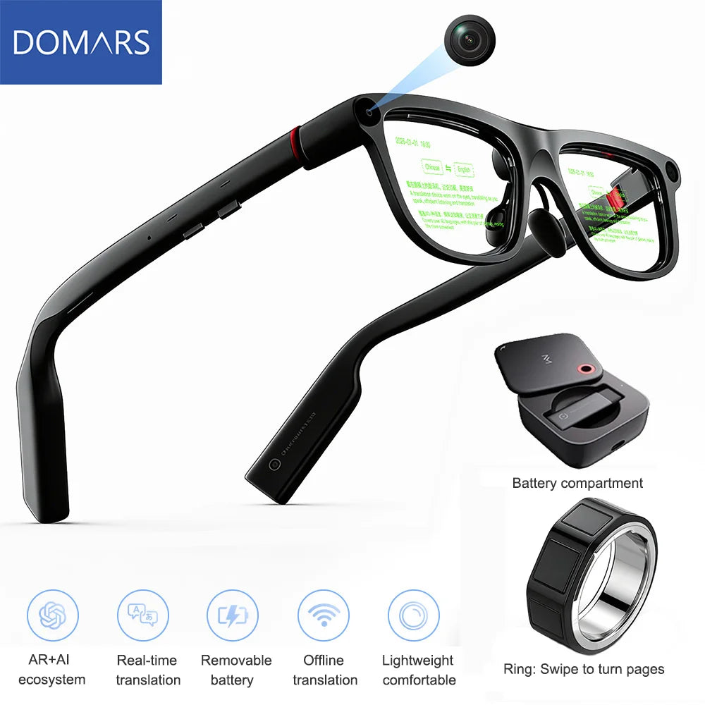 Domars AR Smart Glasses with Display Screen Built-in HD Camera Ring Control AI HUD Privacy Teleprompter Glasses 268-Language