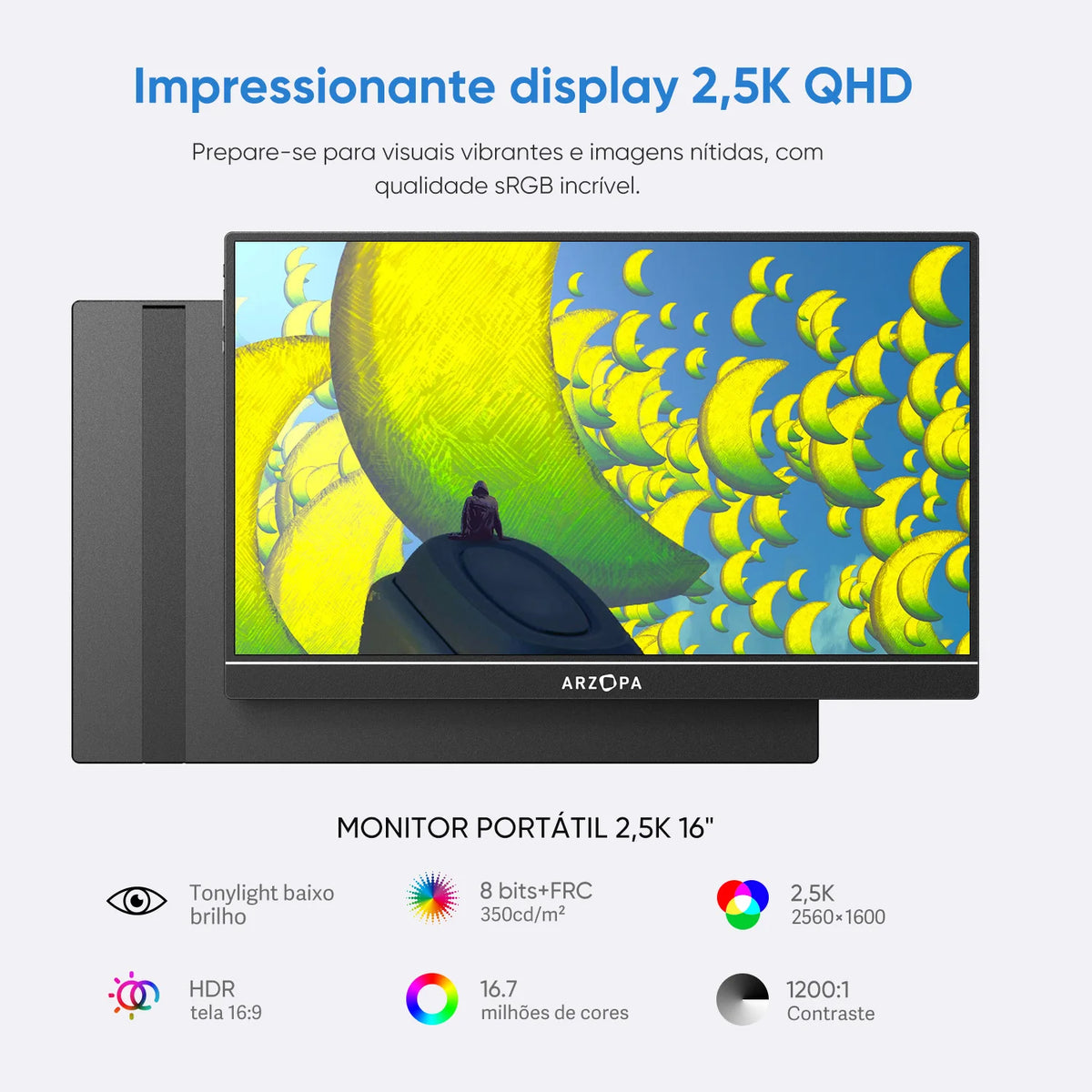 ARZOPA 16inch 2K Portable Monitor 16:10 IPS Screen with Type-C Mini HDMI Second Display for MAC/Laptop/PC/Xbox/PS4/5/Switch,Z1RC