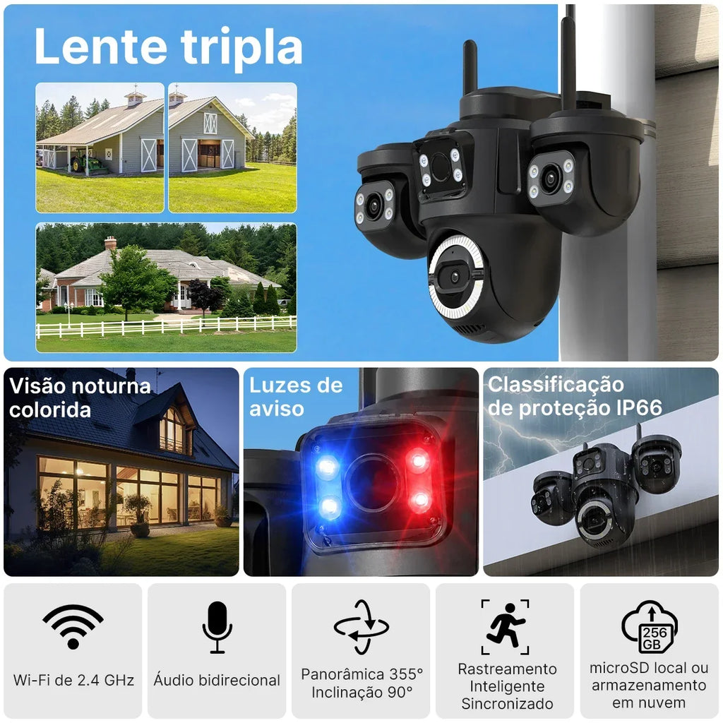 Three Lens WiFi Security IP Camera for Home Surveillance ICSEE PTZ Camera for Outdoor Night Vision Color