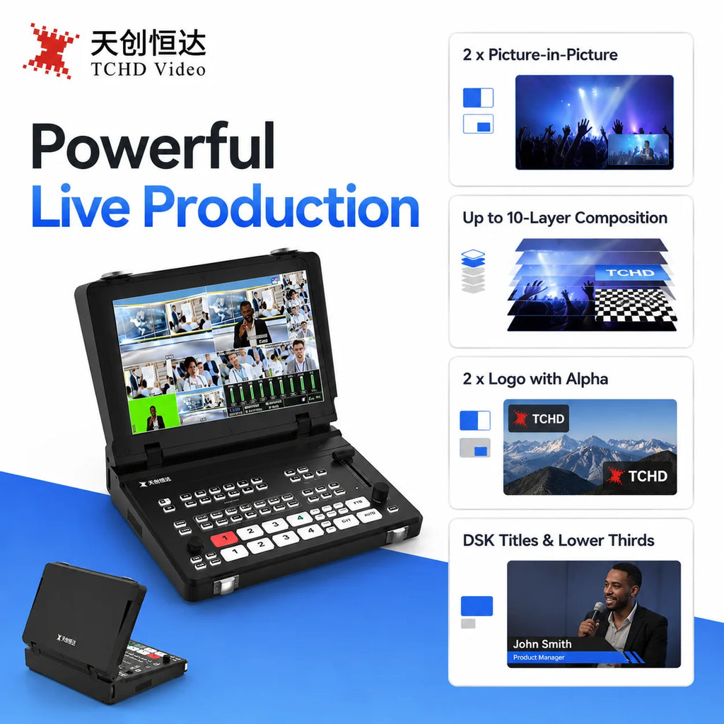 TCHD-810PRO HS 10.1-Inch 5-Channel Portable Video Switcher with 4K HDMI, SDI, PIP, Streaming, Recording and PTZ Control