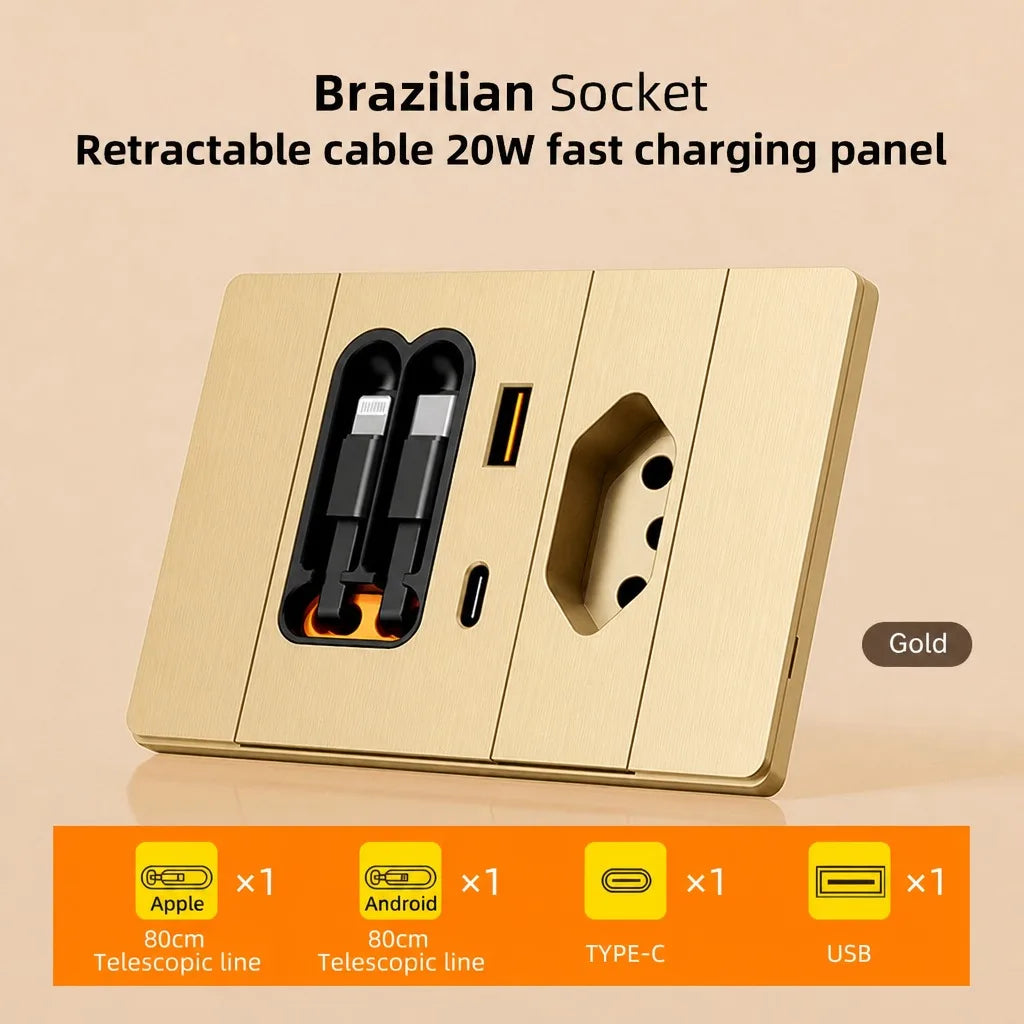 118 Type Brazil Socket Panel with Retractable Cable 20W USB Fast Charging Multi-hole Type-C Wall Socket for Market