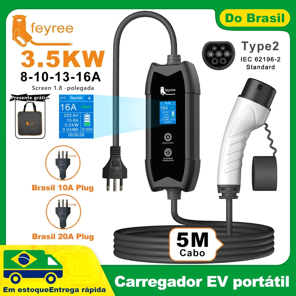 Feyree Type2 EV Charger 3.5kW 16A 1Phase 5M Cable EVSE Portable Charging Box CarCharger Brazil Plug 10A/20A for Electric Vehicle
