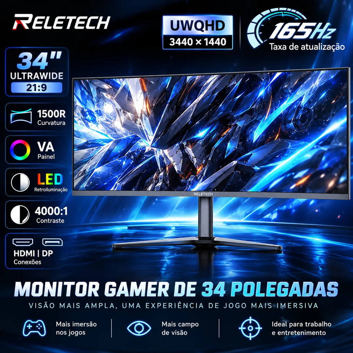 Reletech 34" Ultrawide Gaming Monitor UWQHD 3440x1440 165Hz 1500R Curved VA 21:9 4000:1 HDMI DP