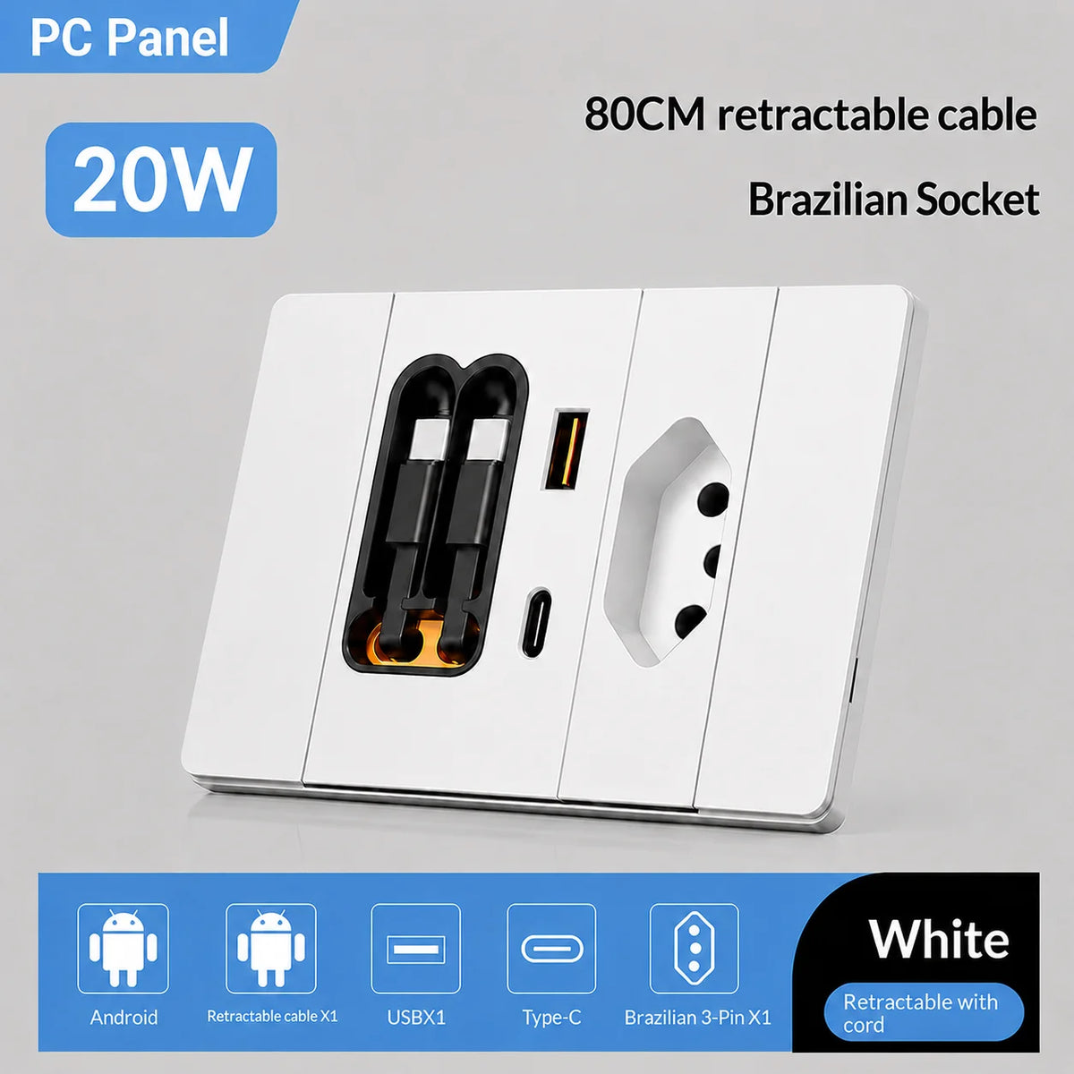 ELEGAN 20W Fast Charging Wall Charger with Dual Retractable USB-C Cables,Type-C PD & USB-A,Brazil socket with retractable cable