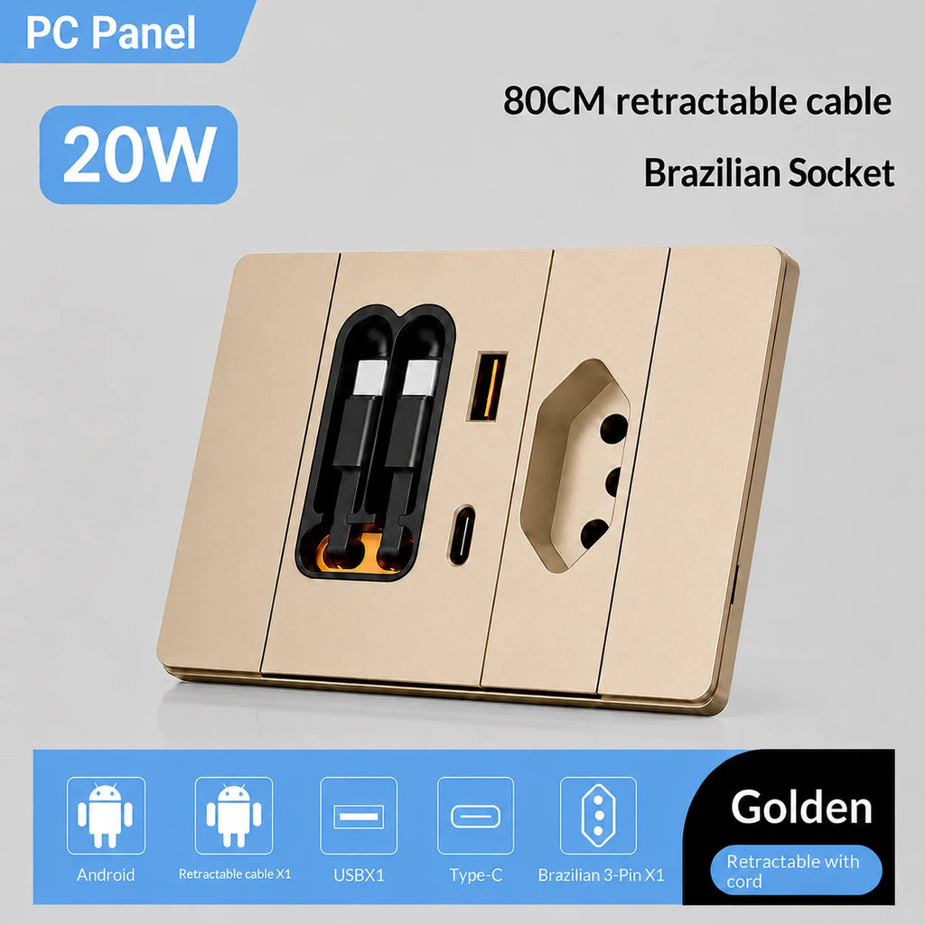 ELEGAN 20W Fast Charging Wall Charger with Dual Retractable USB-C Cables,Type-C PD & USB-A,Brazil socket with retractable cable
