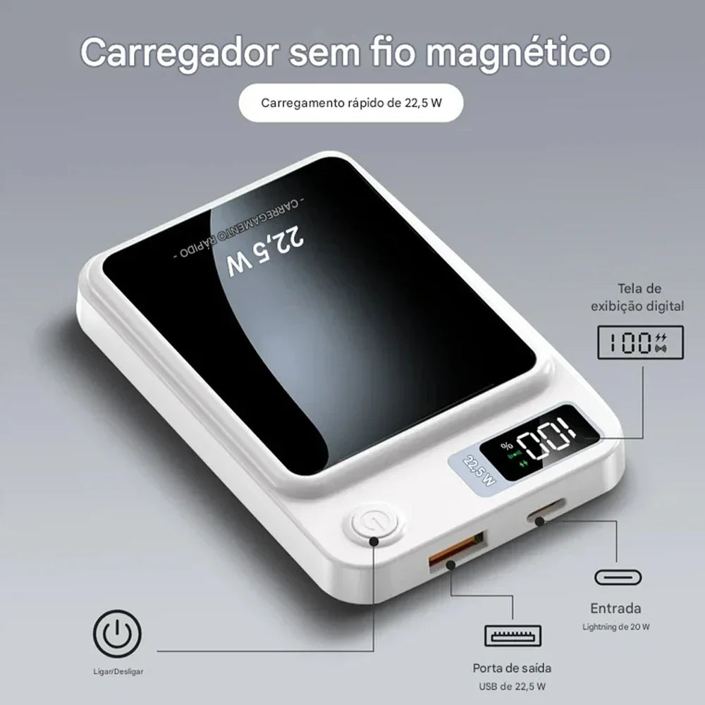 Power Bank 10000mAh Com Base Magnética E Display Digital Carregamento Sem Fio Para Celular Viagem