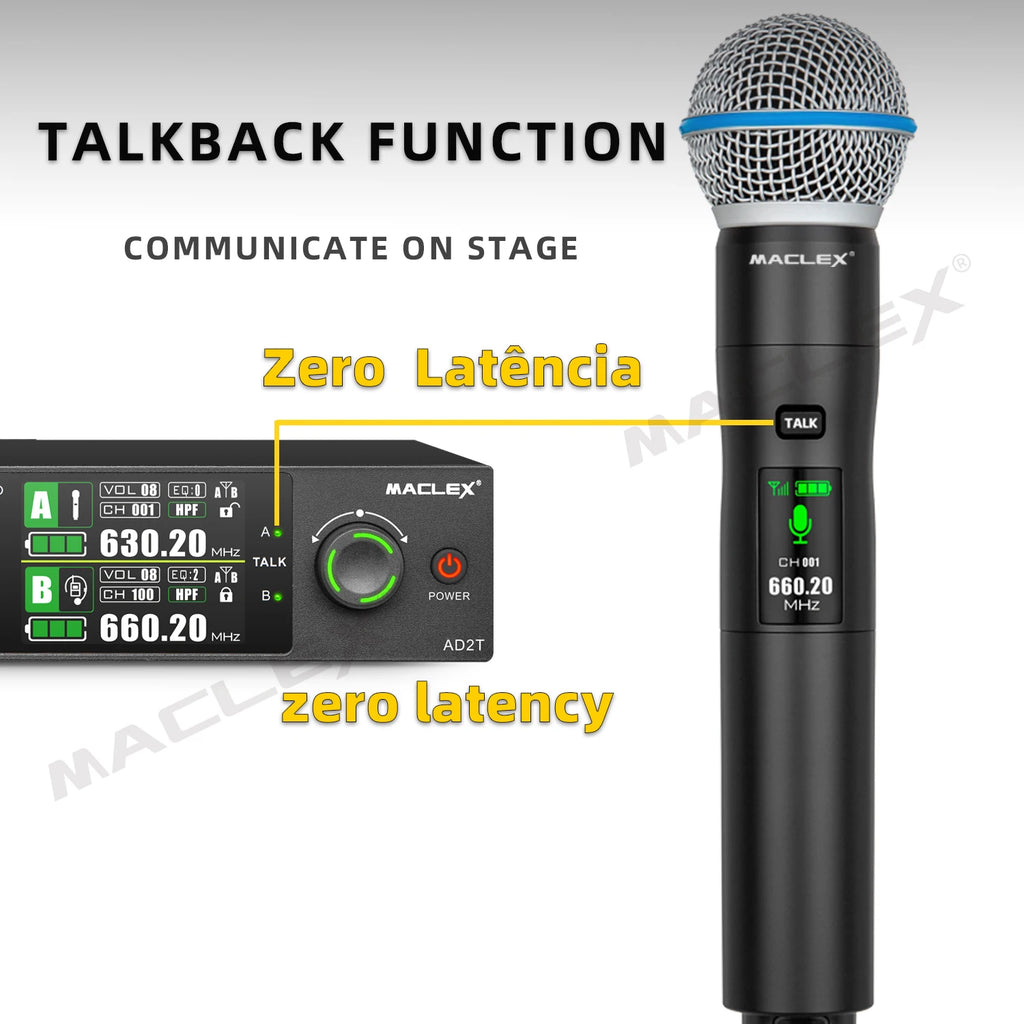 Maclex AD2T Talkback Function Professional Dual Handheld Wireless Microphone System True Diversity UHF TFT Color Display