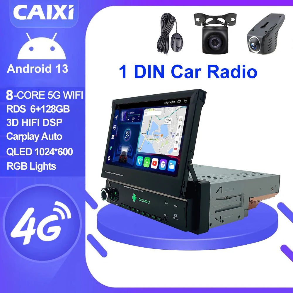 CAIXI Android 13 Auto 1Din Multimedia Player 7'' Universa Retractable Screen Car Radio MP5 GPS Navigation Carplay 1 DIN Stereo