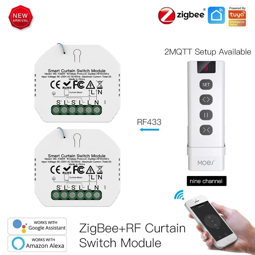 Moes Tuya ZigBee Smart RF433 Curtain Switch Module DIY for Motorized Roller Blinds Motor 2MQTT Smart Life APP Alexa Google Home