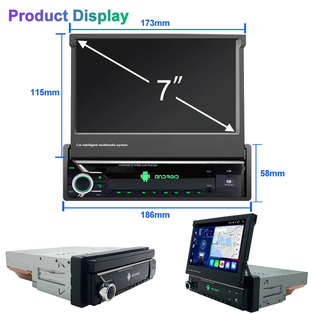 CAIXI Android 13 Auto 1Din Multimedia Player 7'' Universa Retractable Screen Car Radio MP5 GPS Navigation Carplay 1 DIN Stereo