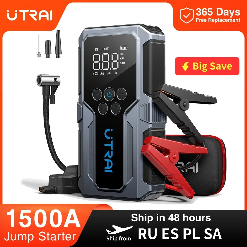 UTRAI 1500A Car Jump Starter Power Bank Portable 150PSI Air Pump Car Battery Emergency Boosters Starting Device Car Starter 2024