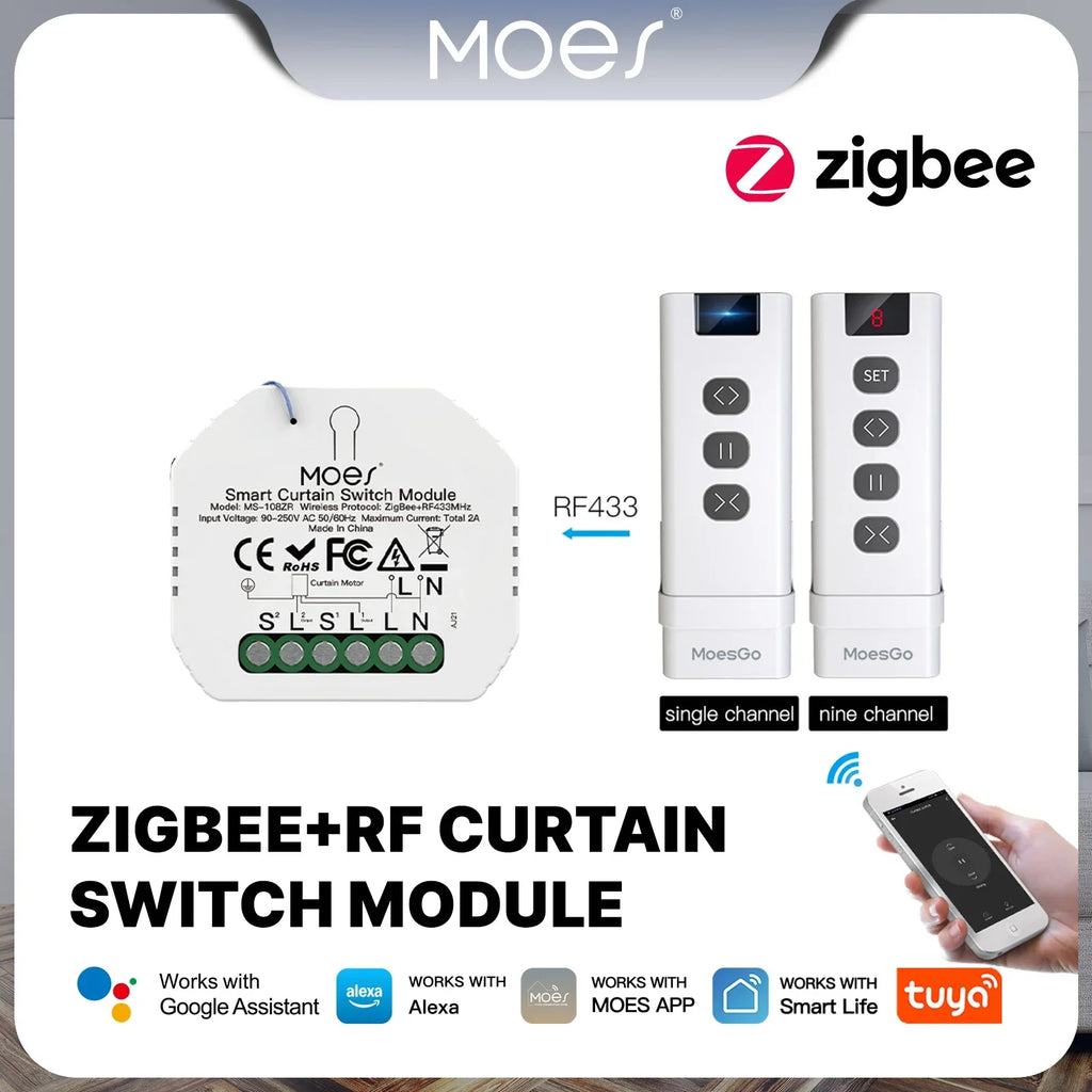 Moes Tuya ZigBee Smart RF433 Curtain Switch Module DIY for Motorized Roller Blinds Motor 2MQTT Smart Life APP Alexa Google Home
