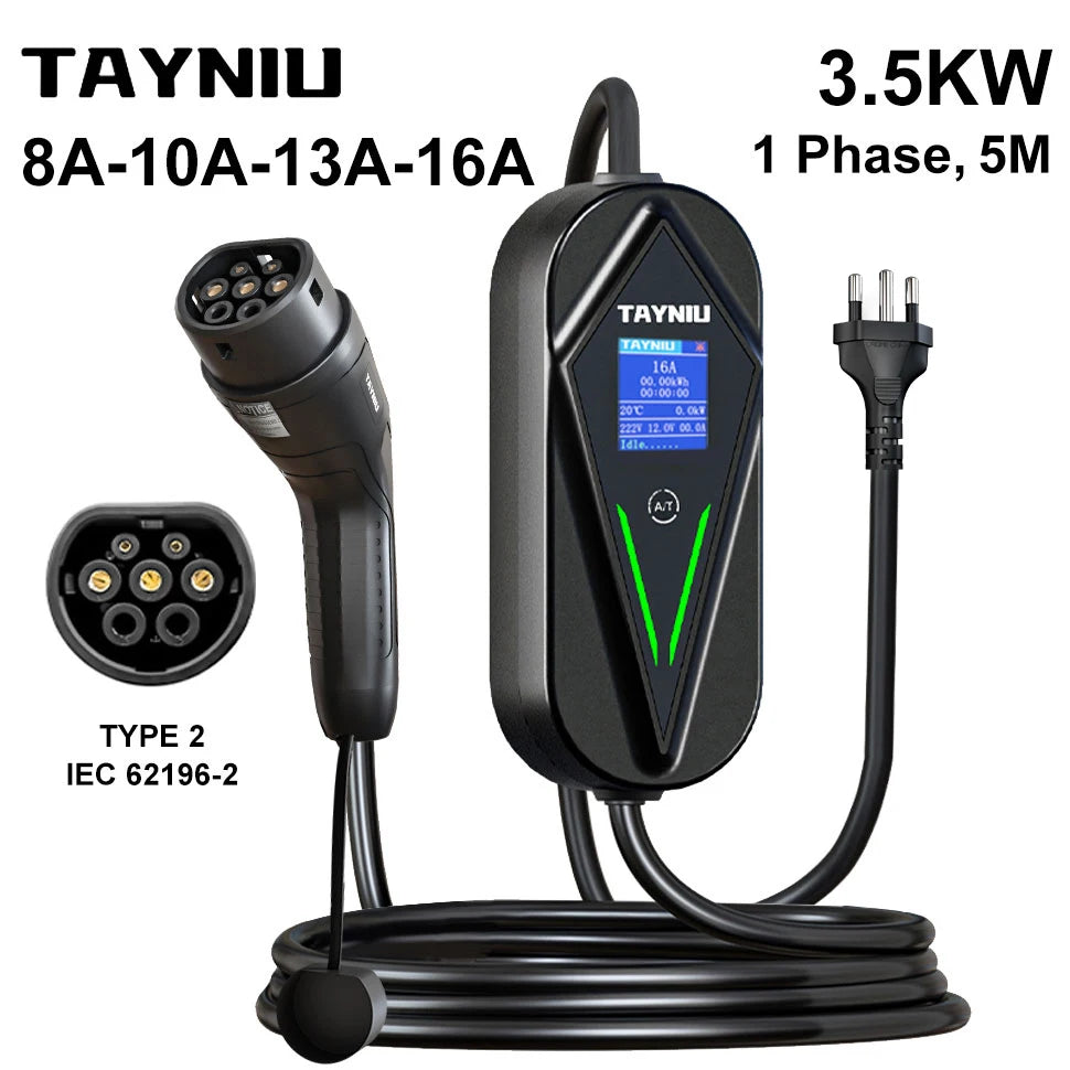 TAYNIU 3.5kW 16A Portable EV Charger – Bivolt 80V–260V, 5m Type 2 Cable, Compatible with BYD, GWM & All Electric Vehicles