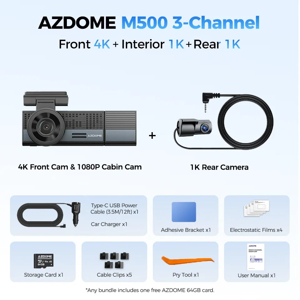 AZDOME M500 4K Dash Cam 3 Channel Car DVR Front Rear Inside 4K+1K+1K Night Vision G-Sensor 24H Parking Monitor Voice Contro