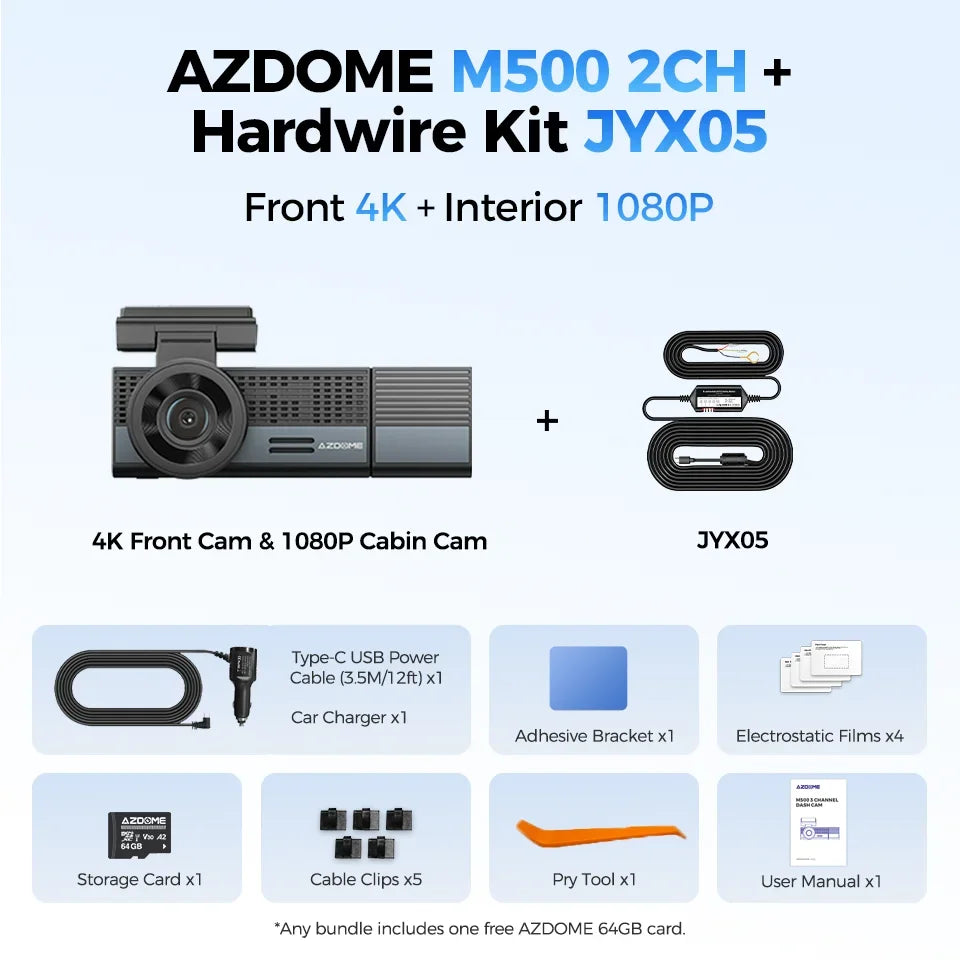 AZDOME M500 4K Dash Cam 3 Channel Car DVR Front Rear Inside 4K+1K+1K Night Vision G-Sensor 24H Parking Monitor Voice Contro