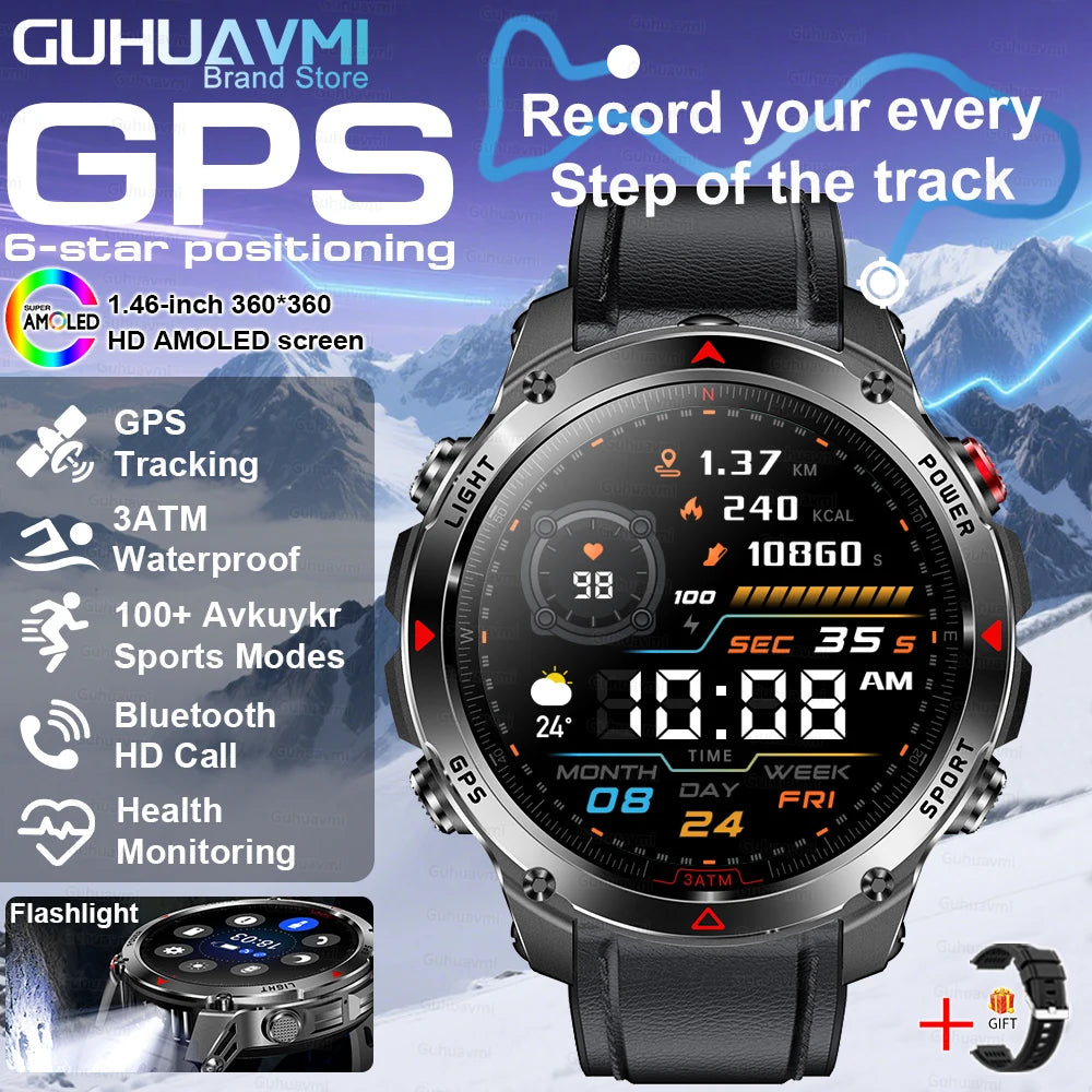 2025New Outdoor Military Smart Watch Men 1.46" AMOLED Built-in GPS Compass Altimeter 3ATM Waterproof Clock BT Call SmartWatches