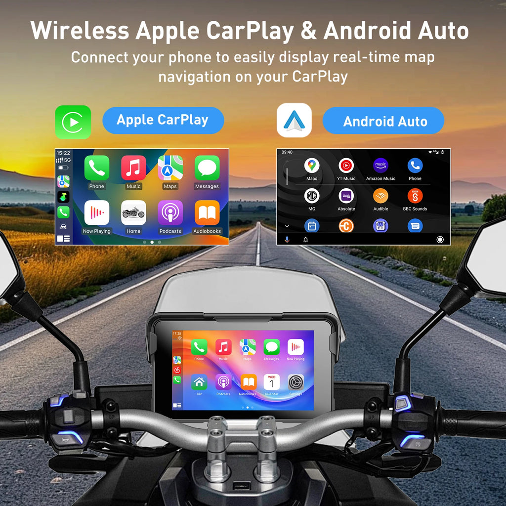 ESSGOO 5 inch Wireless Carplay Motorcycle DVR Navigation GPS Android Auto IPX Display Screen Portable Moto Monitor