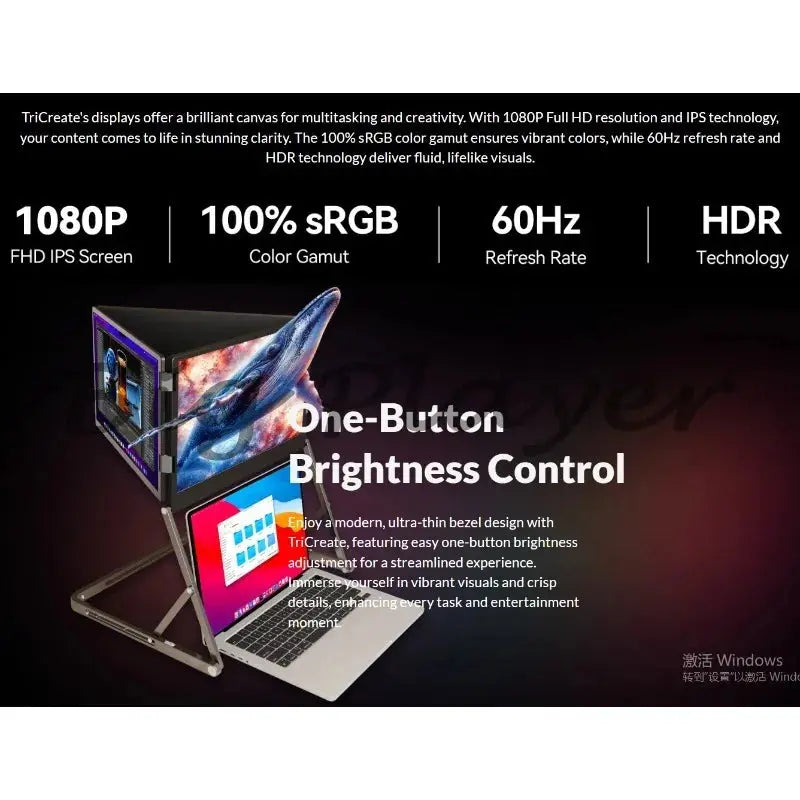 Computer Tri-fold Monitor 15.6 Inches, High Color Gamut Laptop Extended Quad Screen