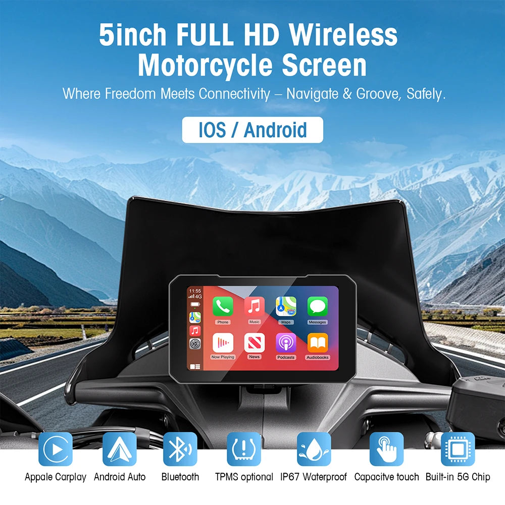 5 Inch Portable Mototorcycle Wireless Carplay/Android Auto GPS Navigator Touch Screen