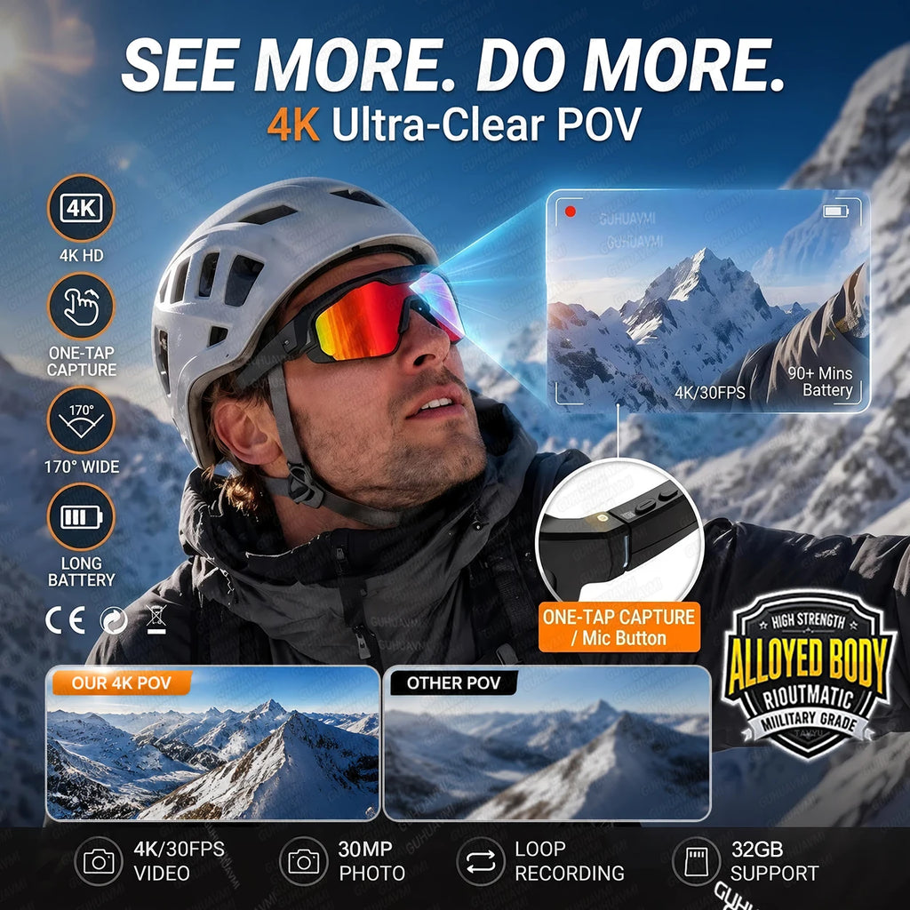 2026 New AI Smart Sports Glasses with 30MP Camera 4K Anti-shake Bicycle Riding Shooting Artifact Dual Mic 32GB Windproof Goggles