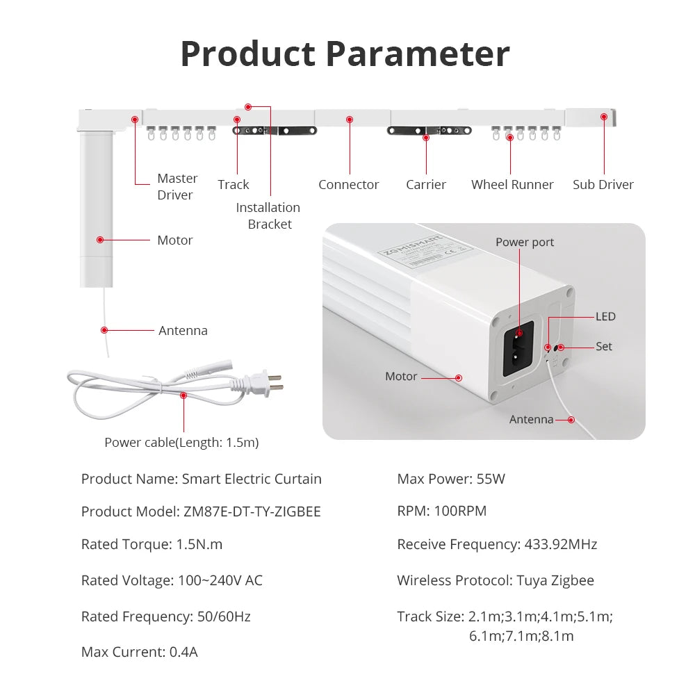 Zemismart Zigbee Electric Curtain Track Motor Works with Tuya Smart Life Alexa Echo Google Home Smart Sliding Curtain