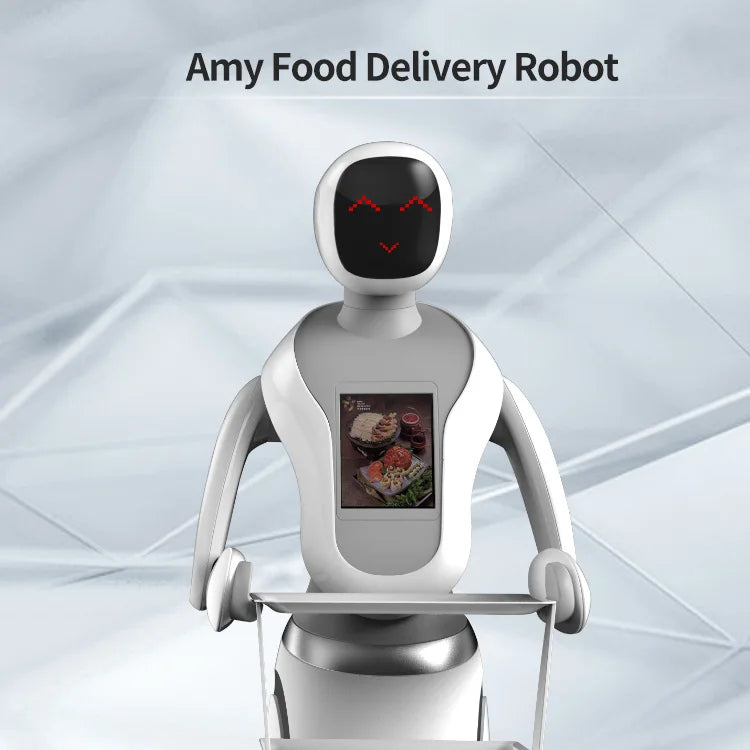Amy Humanoid AI Robot Waiter for Restaurant / Coffee Shop Automatic Walk and Talk Meal Delivery Robot