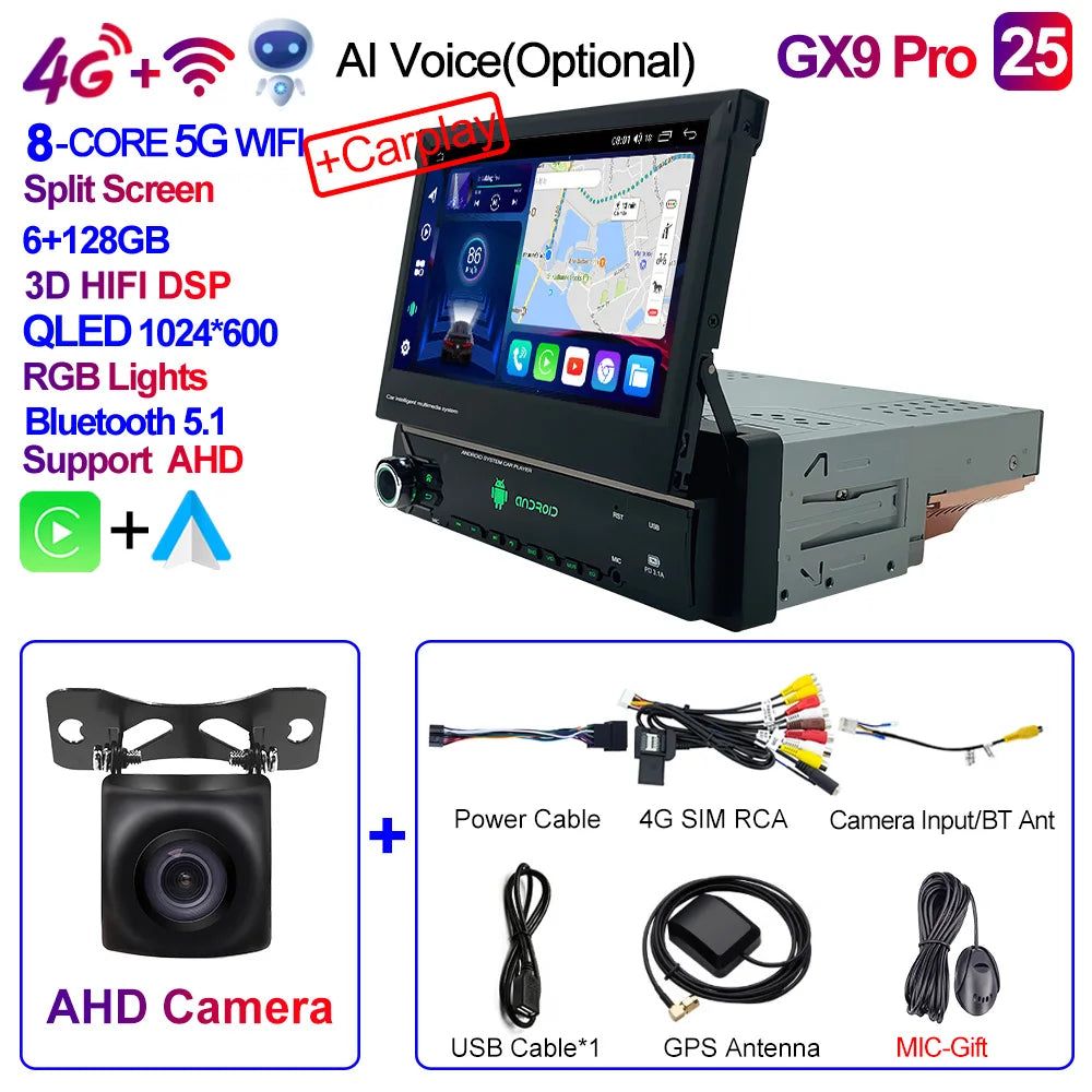 CAIXI Android 13 Auto 1Din Multimedia Player 7'' Universa Retractable Screen Car Radio MP5 GPS Navigation Carplay 1 DIN Stereo