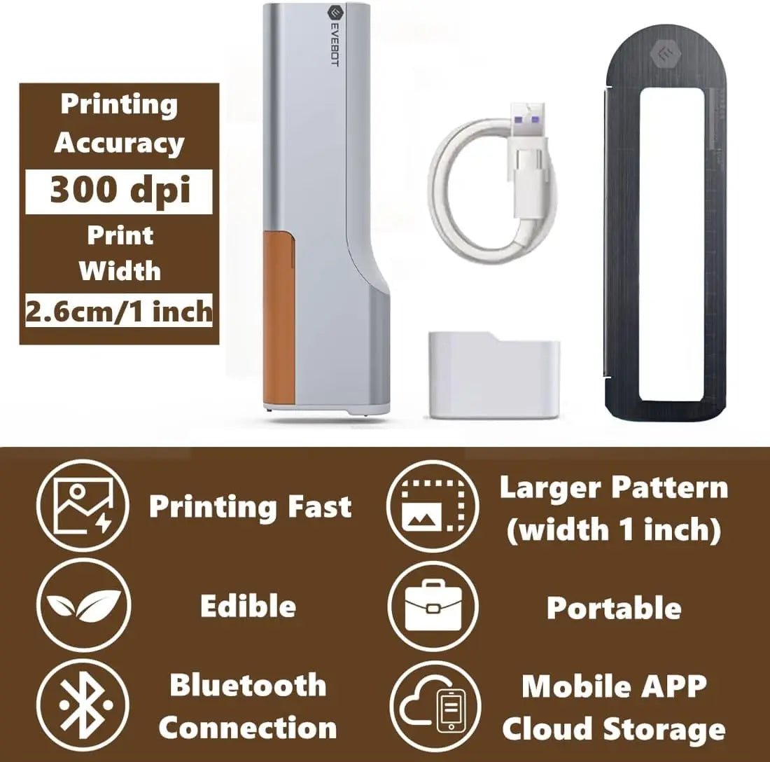 EVEBOT Handheld Food PrintPen Portable Mini Coffee Latte Art Printer, Macaron Cookie DIY Design PrintPen Bluetooth 4.2