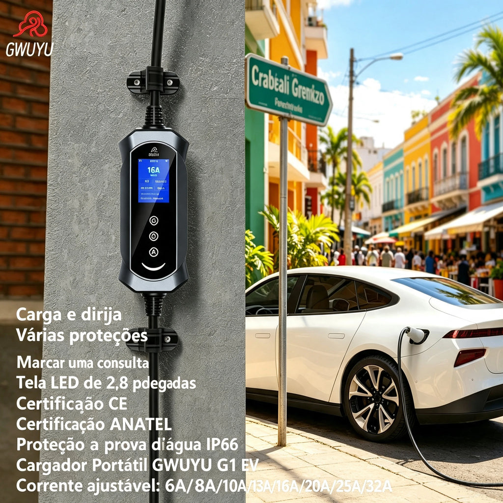 GWUYU Portable EV Charger Type2 7kW 32A Adjustable Current Delay Charging 2.8 Inch LCD Screen EVSE for Electric Car
