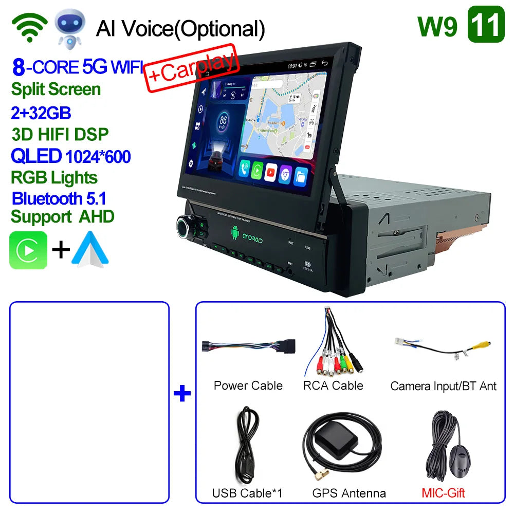 CAIXI Android 13 Auto 1Din Multimedia Player 7'' Universa Retractable Screen Car Radio MP5 GPS Navigation Carplay 1 DIN Stereo