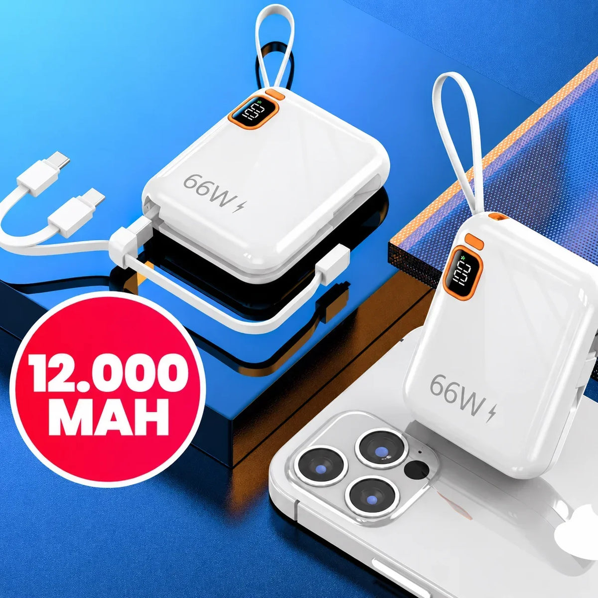 12000mAh Compact Power Bank Fast Charger With Integrated Cable Double Super Fast Recharge For Travel Day