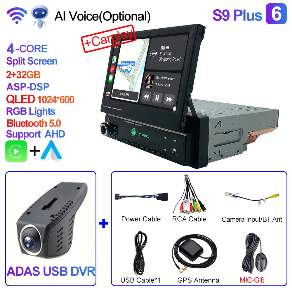 CAIXI Android 13 Auto 1Din Multimedia Player 7'' Universa Retractable Screen Car Radio MP5 GPS Navigation Carplay 1 DIN Stereo