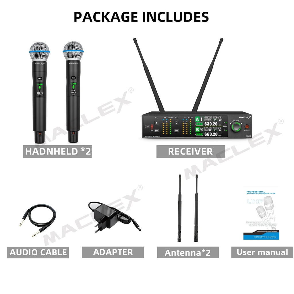 Maclex AD2T Talkback Function Professional Dual Handheld Wireless Microphone System True Diversity UHF TFT Color Display
