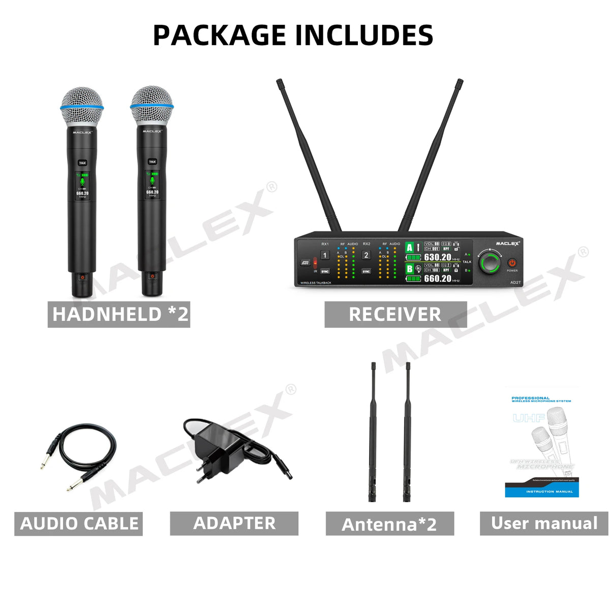 Maclex AD2T Talkback Function Professional Dual Handheld Wireless Microphone System True Diversity UHF TFT Color Display