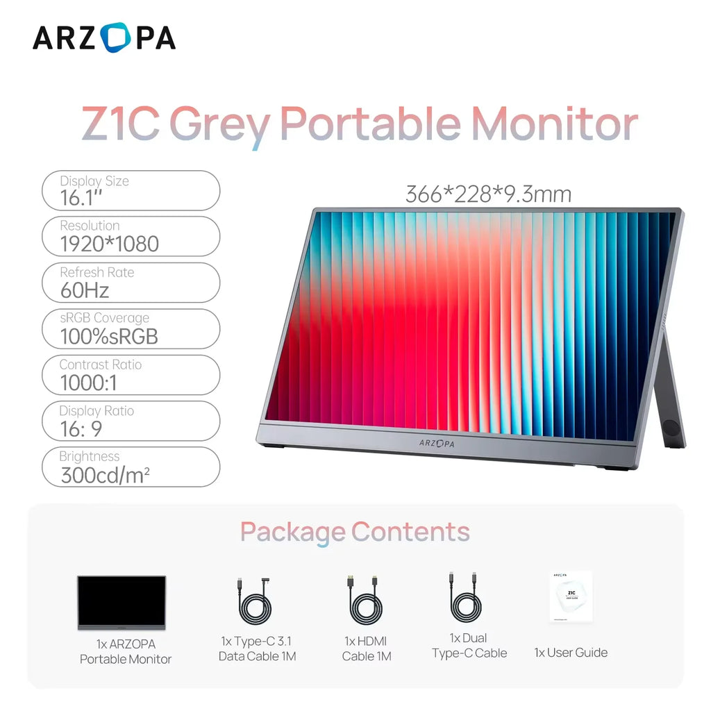 ARZOPA 16.1 Inch Gaming Portable Monitor, 1080P 300cd/㎡ IPS Screen for Mac Laptop PC Switch PS Xbox External Display Z1C Gray